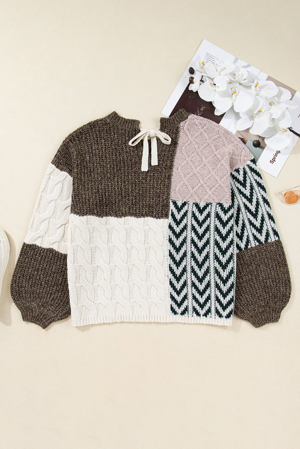 Brown Plus Size Color Block Patchwork Knotted Back Sweater Dear-Lover Dropshipping